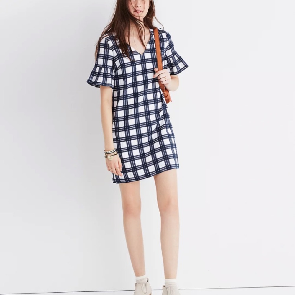 Madewell Bell-Sleeve Dress in Leighton Plaid White Navy Plaid Sz 4